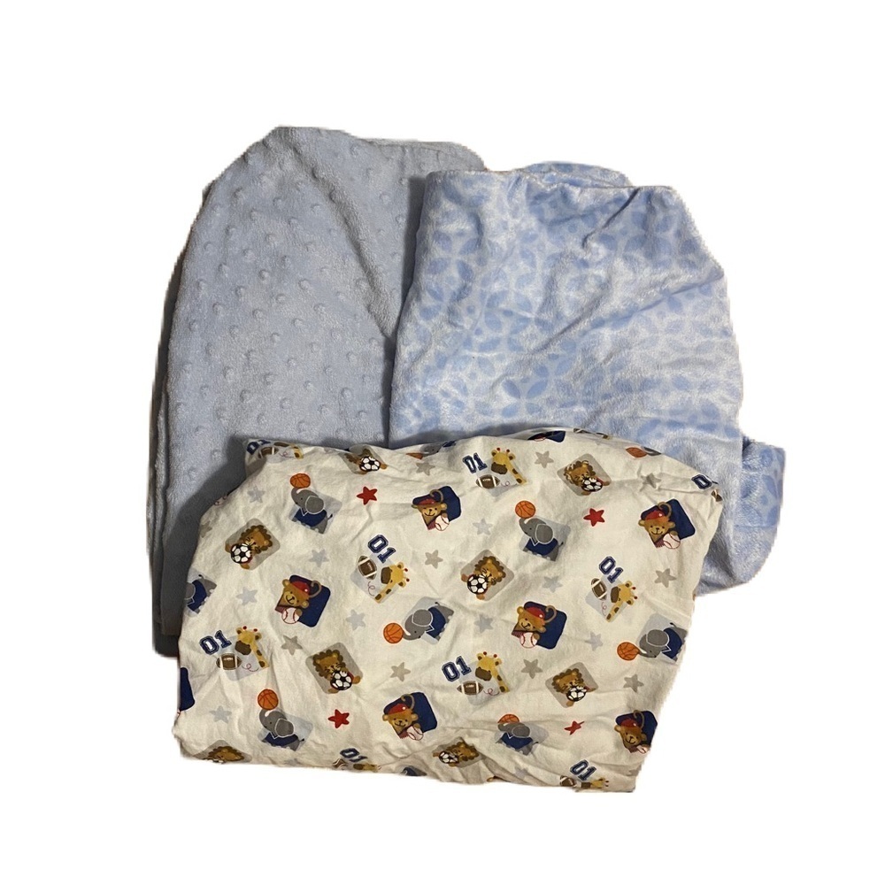 Lambs & Ivy Sports Animals Crib Sheet & Changing Pad Cover Bundle Lot Blue White